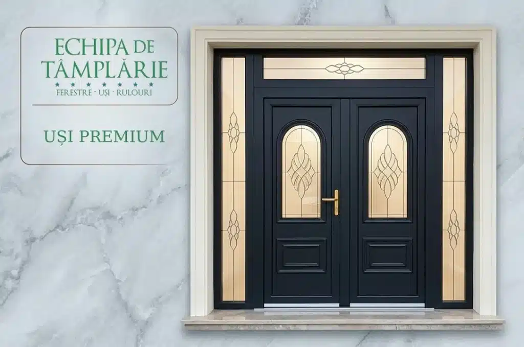 Ușă dublă de intrare gri închis cu geamuri decorative și ramă albă.