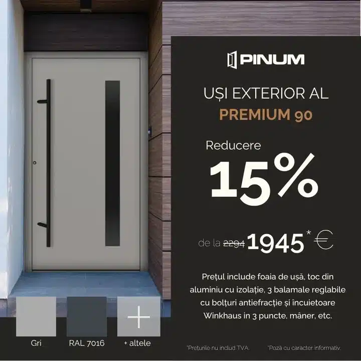 Ușă de exterior modernă din aluminiu gri cu mâner lung negru și geam vertical subțire.